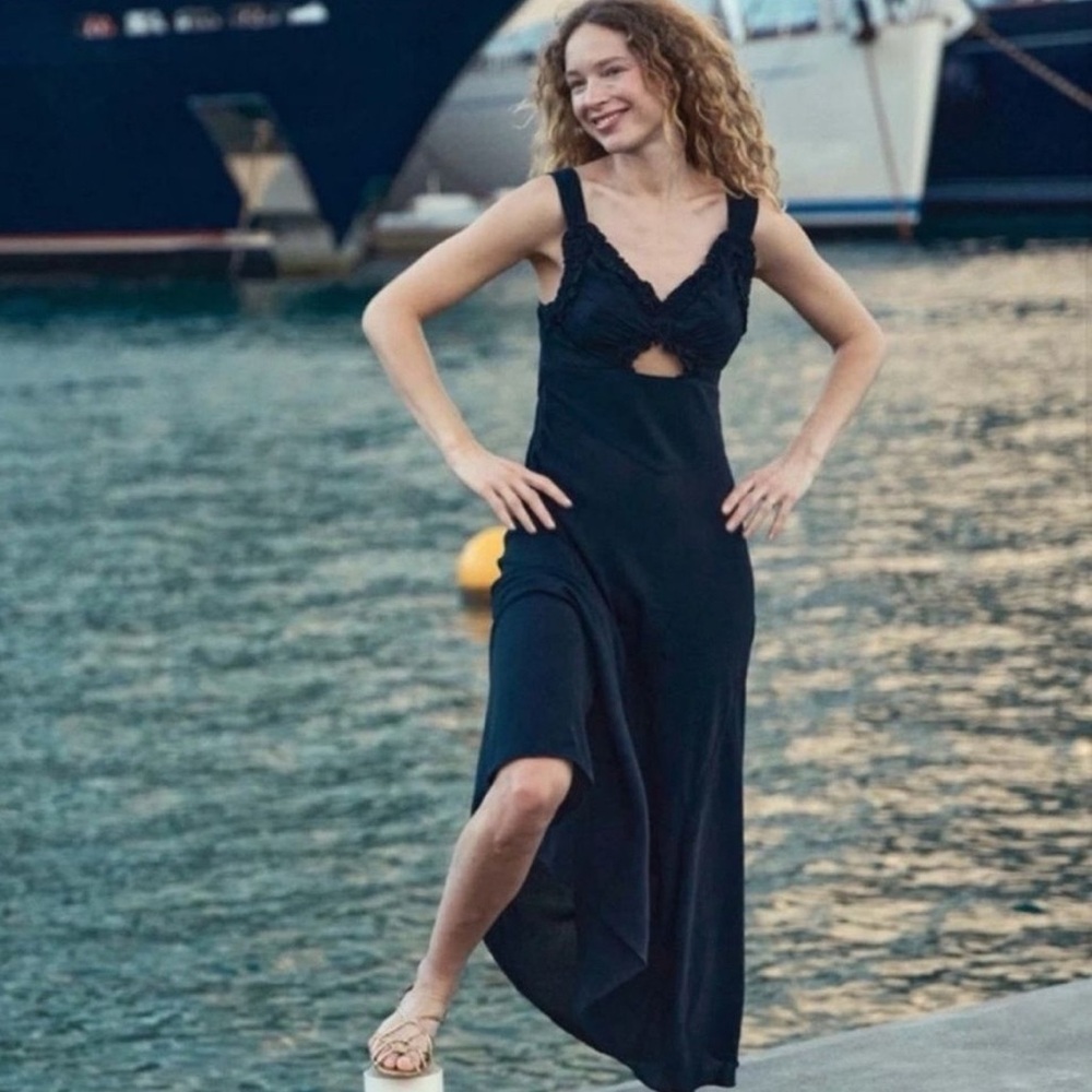 NWT Doen Amoretta Ruffle Cut Out Maxi Dress in Black XXS read description